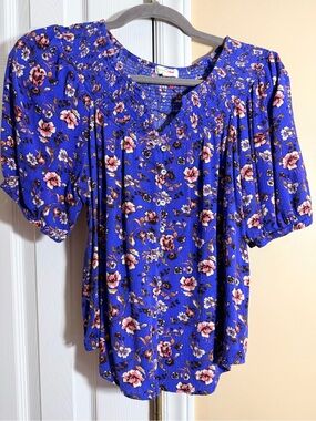 Smocked Yoke Puff Sleeve Floral Blouse - Electric Blue